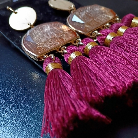 Gold Toned and Burgundy Tassel Earrings Fashion Costume Jewelry - Picture 3 of 5